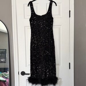 Fashion Nova Black Sequin Midi Dress with Feather Hem